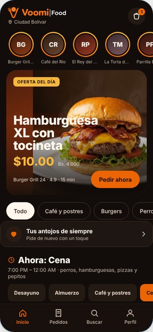 Pantalla de inicio de la app Voomi Food con platos y precios
